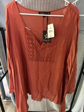 living doll Rust Crochet Trim V-Neck Tunic